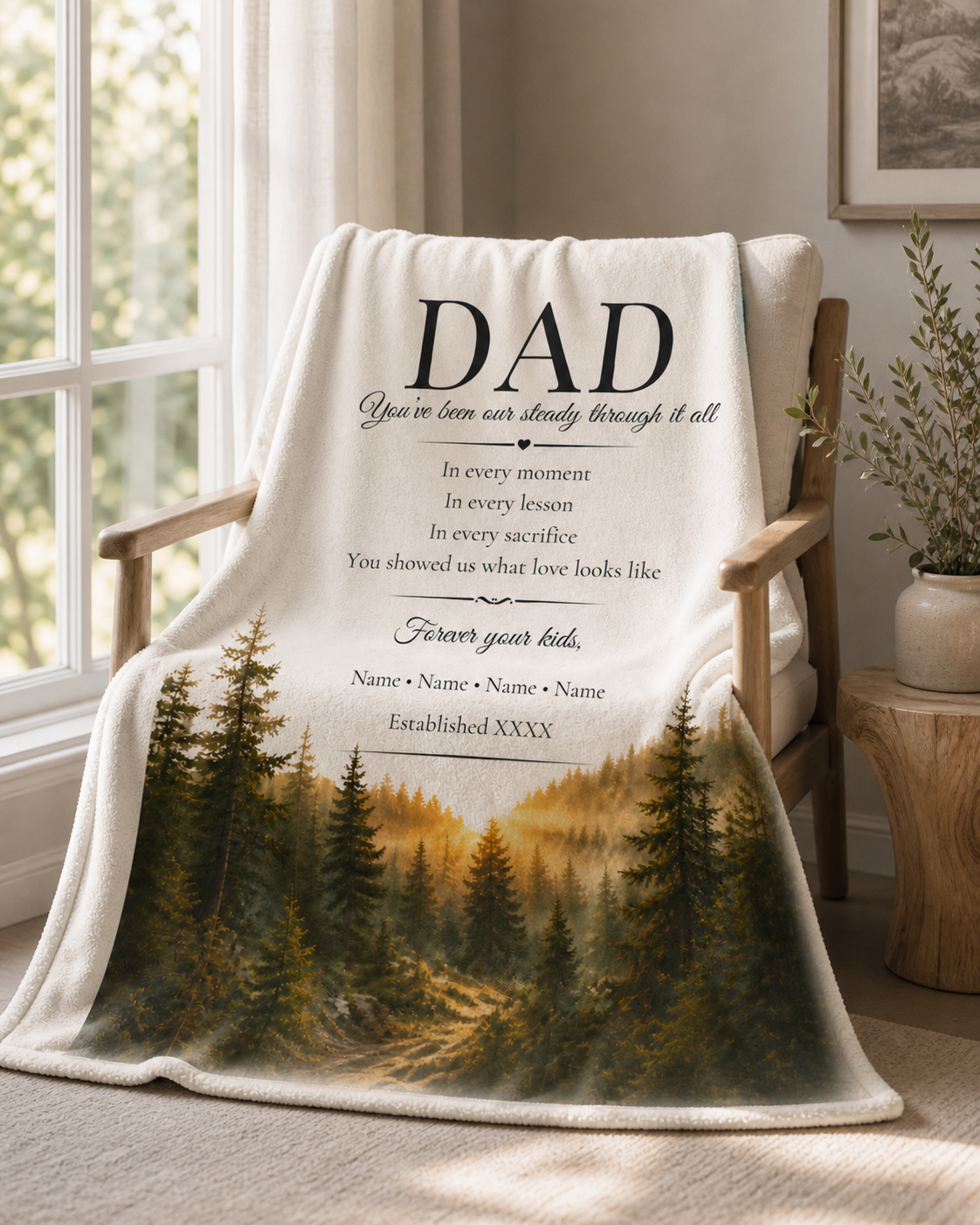 Personalized Dad Blanket – Custom Names Forest Keepsake Gift