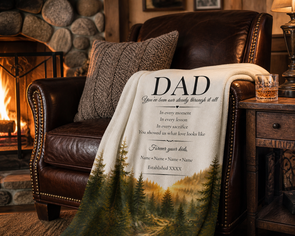 Personalized Dad Blanket – Custom Names Forest Keepsake Gift
