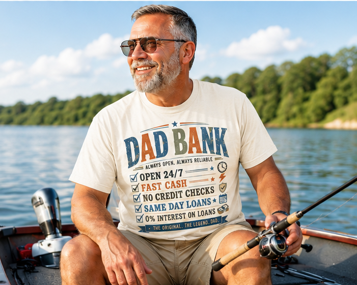 Dad Bank T-Shirt – Funny Dad Graphic Tee, Vintage Father’s Day Shirt, Retro Dad Humor Tee, Gift for Dad, Family Joke Shirt