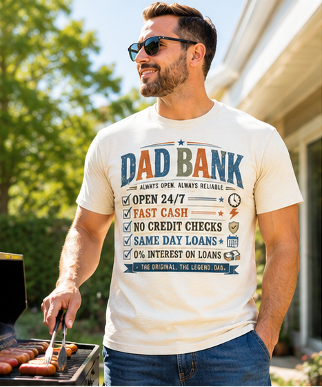 Dad Bank T-Shirt – Funny Dad Graphic Tee, Vintage Father’s Day Shirt, Retro Dad Humor Tee, Gift for Dad, Family Joke Shirt