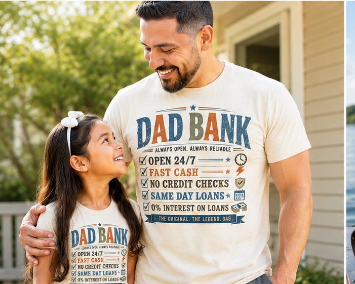 Dad Bank T-Shirt – Funny Dad Graphic Tee, Vintage Father’s Day Shirt, Retro Dad Humor Tee, Gift for Dad, Family Joke Shirt