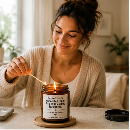 Mom Life Scented Soy Candle — "Behind Every Exhausted Mom" Amber Jar (4oz & 9oz)