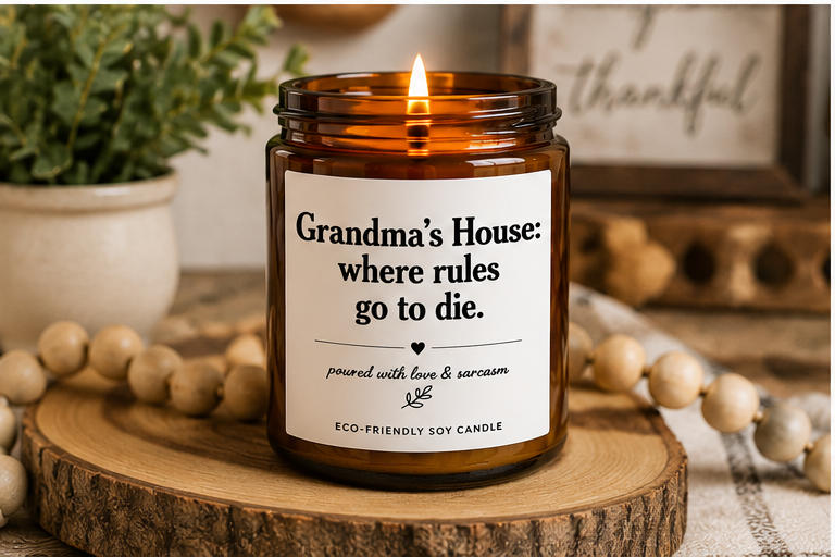 Scented Soy Candle — "Grandma's house: where rules go to die." (4oz & 9oz)