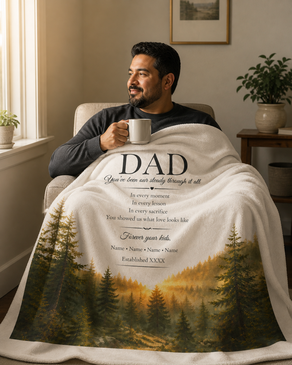 Personalized Dad Blanket – Custom Names Forest Keepsake Gift